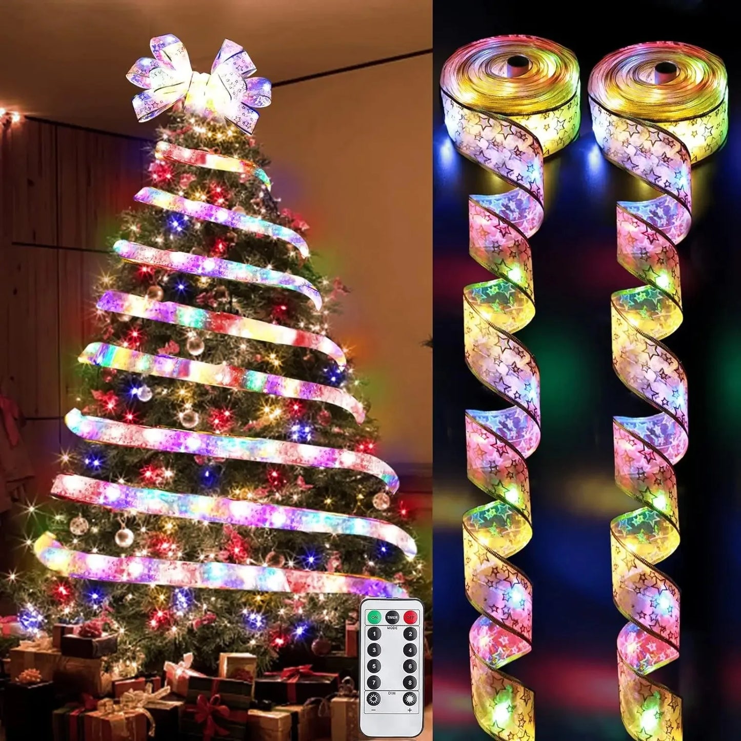 Christmas Ribbon Fairy Light Christmas Decoration For Home 2025 DIY Bows String Light Tree Ornaments Xmas Decor New Year 2026 0