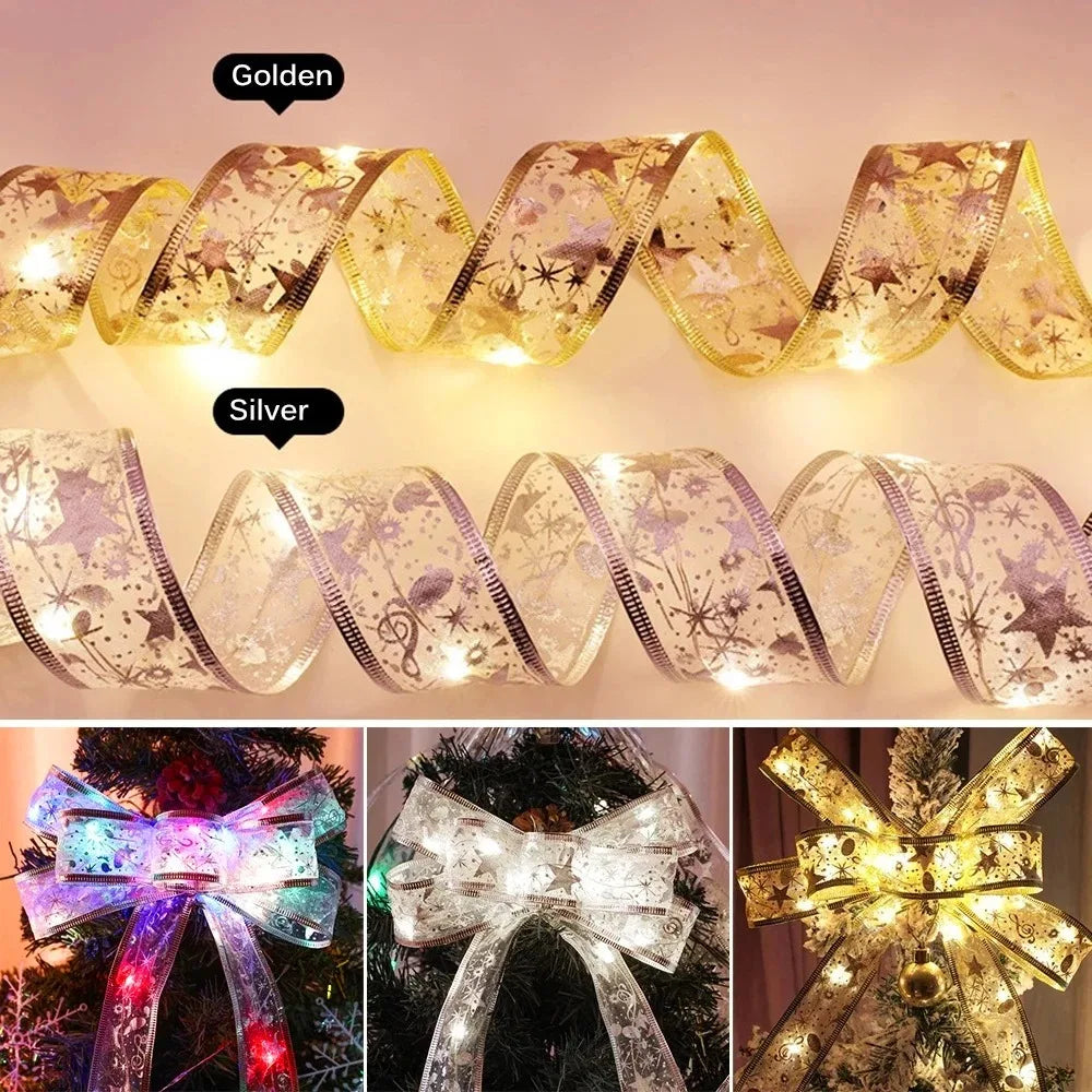 Christmas Ribbon Fairy Light Christmas Decoration For Home 2025 DIY Bows String Light Tree Ornaments Xmas Decor New Year 2026 2