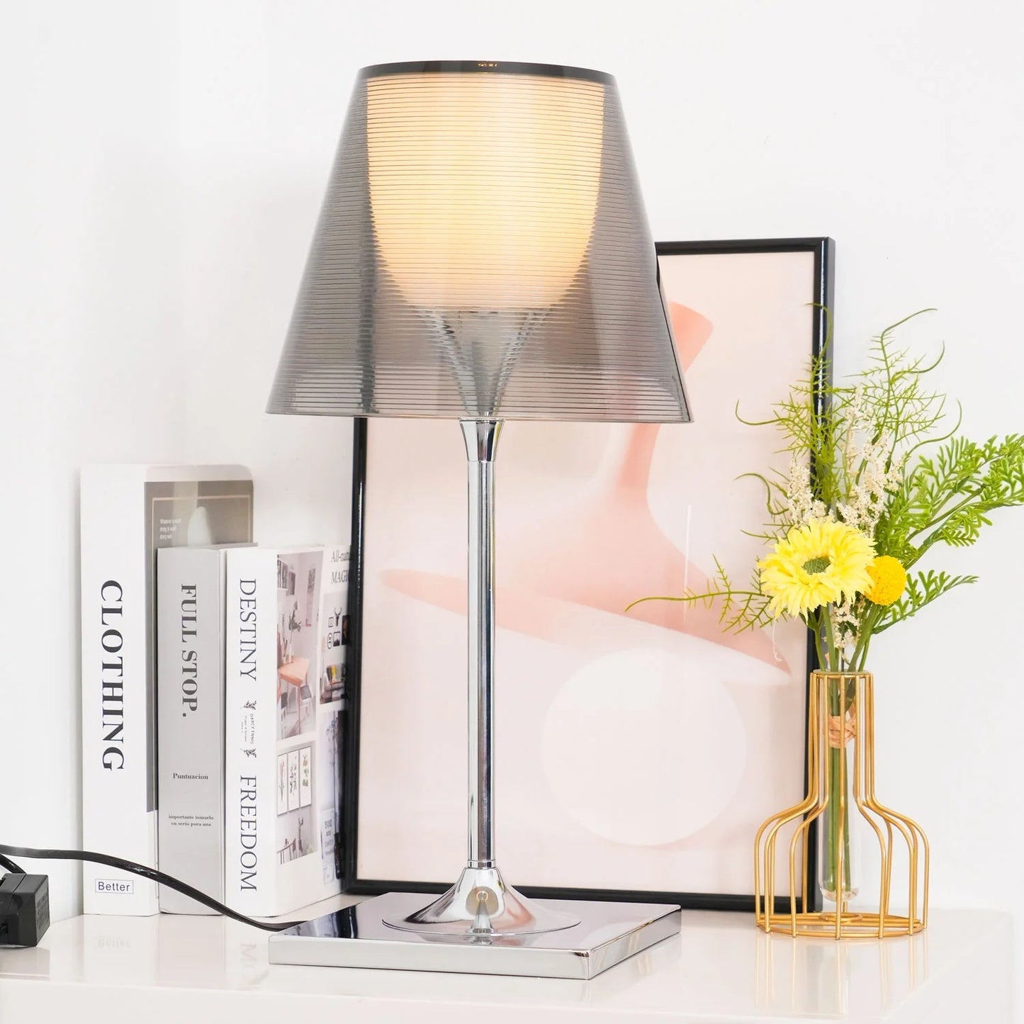 RoyaleGlow Modern Diffused Table Lamp - Polished Chrome & Brown Shade