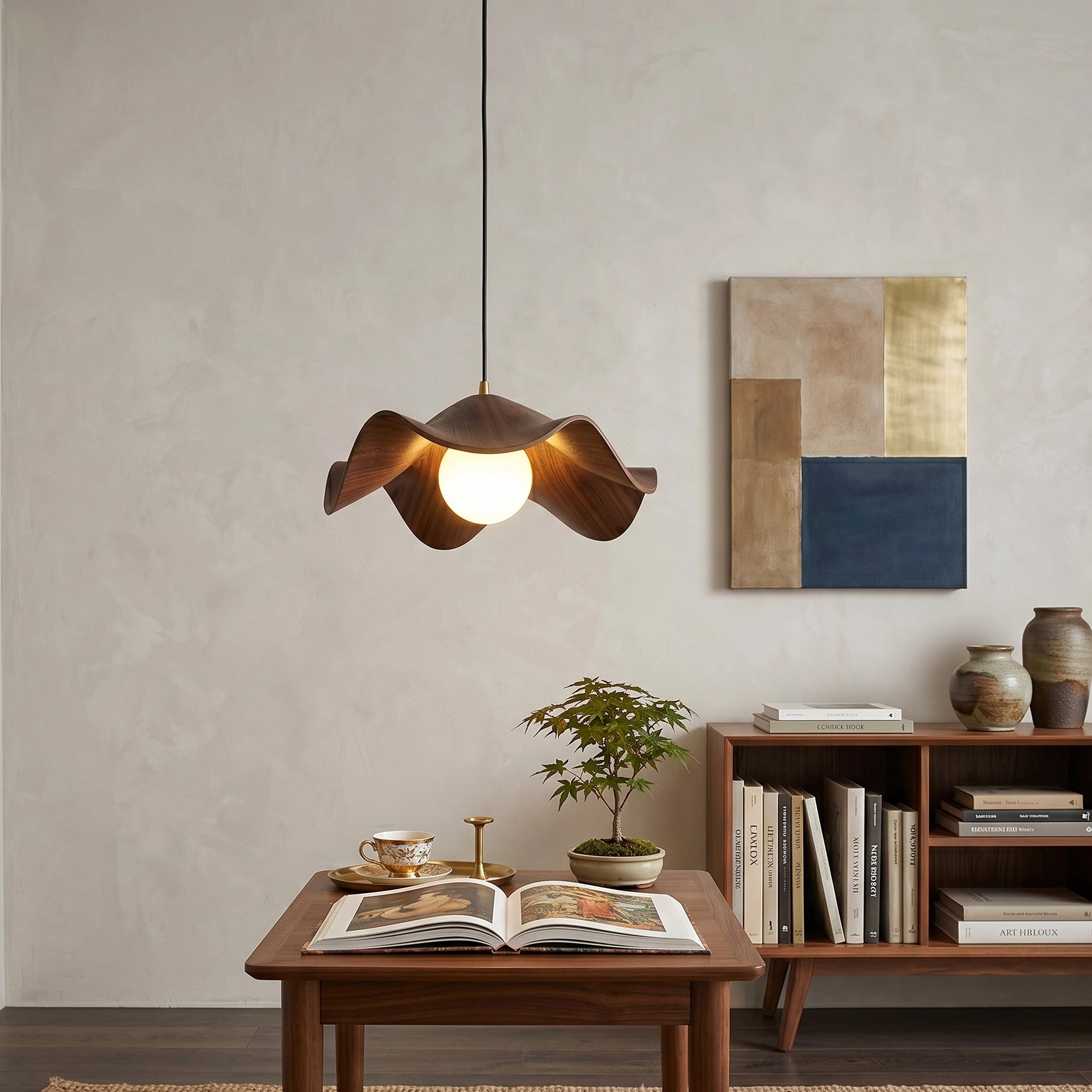CityLumi Petal Wave Organic LED Light - Lotus Inspired Wavy Pendant & Flush Mount with Natural Wood Texture for Japandi Bedroom & Dining Room 0