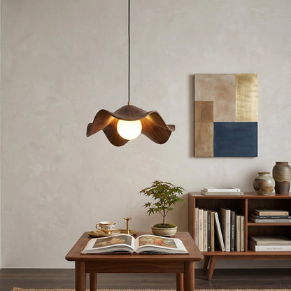 CityLumi Petal Wave Organic LED Light - Lotus Inspired Wavy Pendant & Flush Mount with Natural Wood Texture for Japandi Bedroom & Dining Room 0