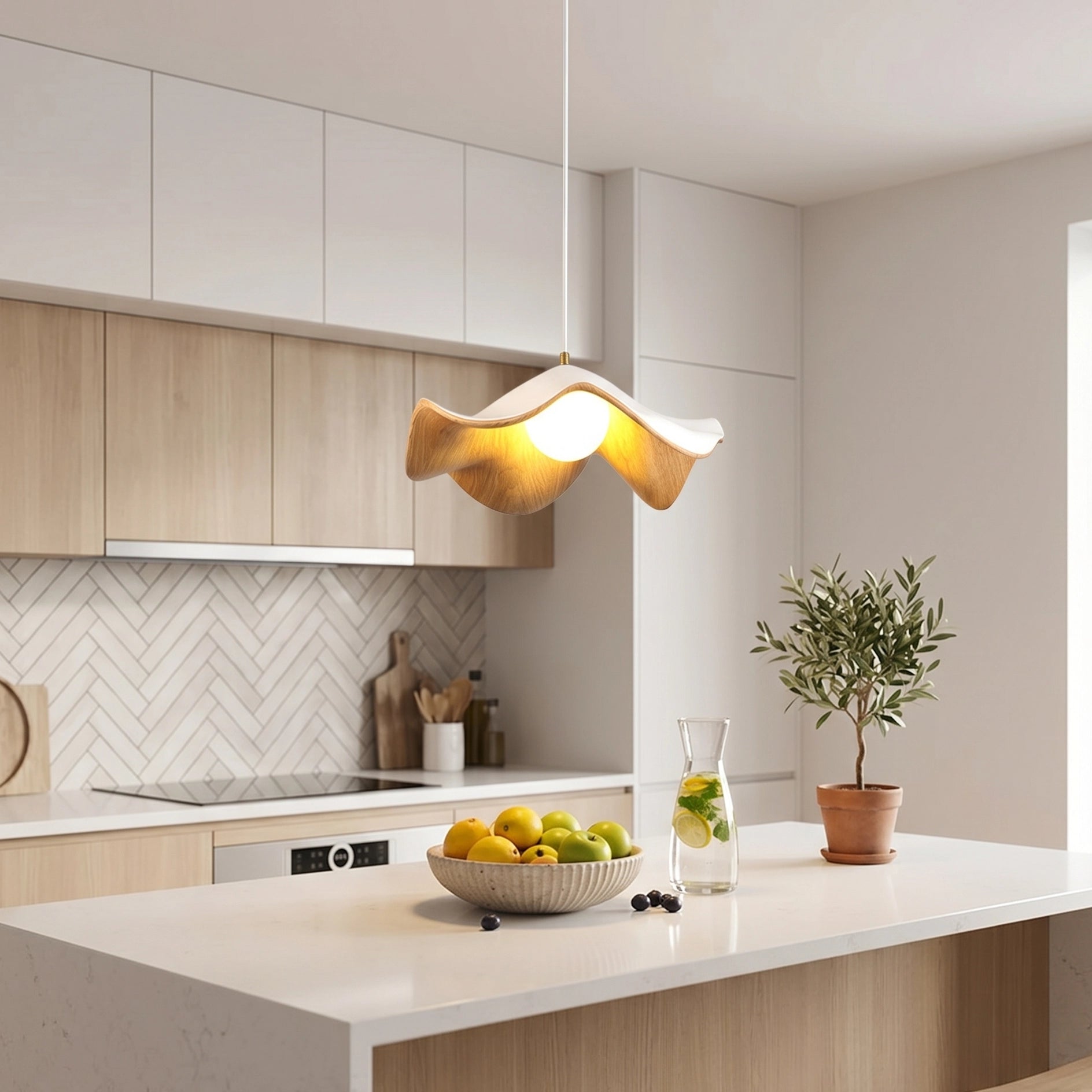 CityLumi Petal Wave Organic LED Light - Lotus Inspired Wavy Pendant & Flush Mount with Natural Wood Texture for Japandi Bedroom & Dining Room 1