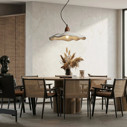 CityLumi Terra Zen Wabi-Sabi Pendant Light - Handcrafted Travertine-Texture Stone Chandelier with Scalloped Edge & Walnut Accents (Japandi & Organic Modern Style) 1