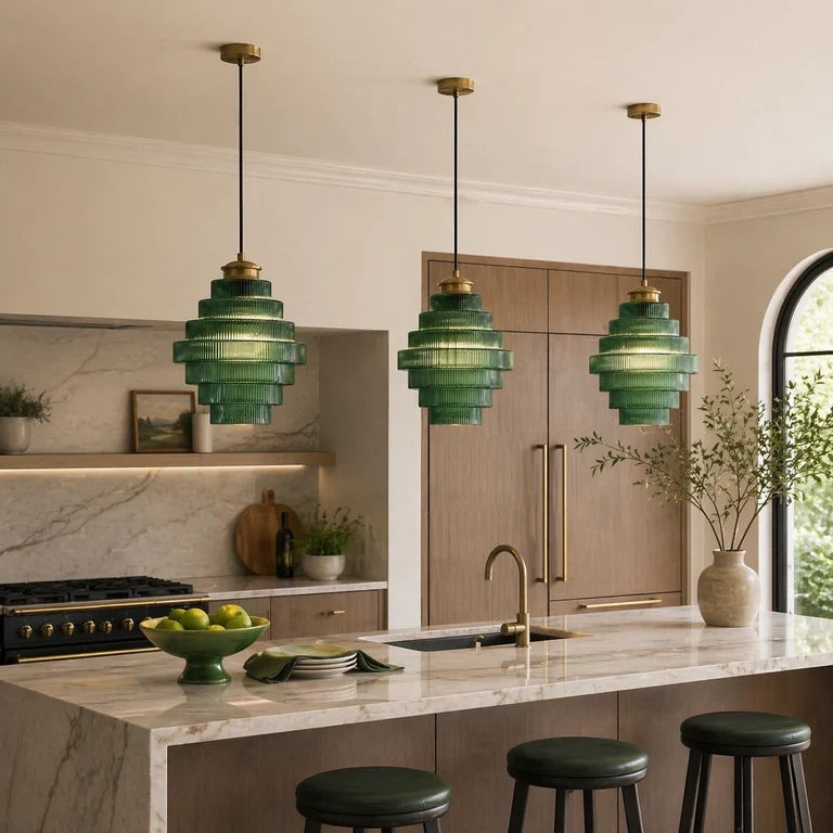 Royelux Elegant Ribbed Glass Pendant Light with Antique Brass Finish - Kitchen Island Lighting
