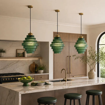 Royelux Elegant Ribbed Glass Pendant Light with Antique Brass Finish - Kitchen Island Lighting