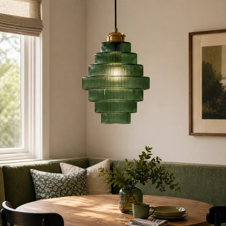Royelux Elegant Ribbed Glass Pendant Light with Antique Brass Finish - Kitchen Island Lighting