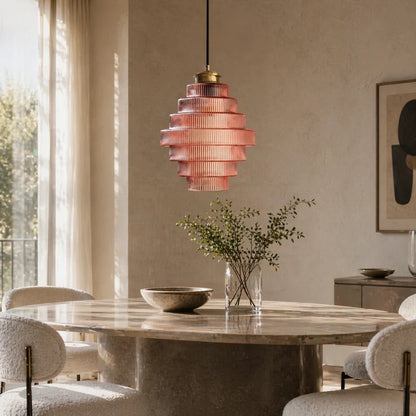 Royelux Elegant Ribbed Glass Pendant Light with Antique Brass Finish - Kitchen Island Lighting
