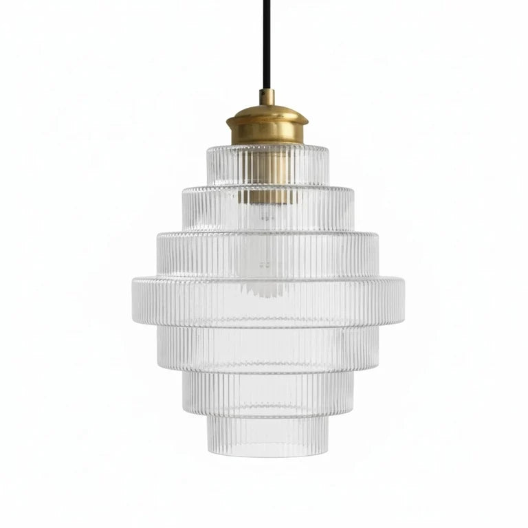Royelux Elegant Ribbed Glass Pendant Light with Antique Brass Finish - Kitchen Island Lighting