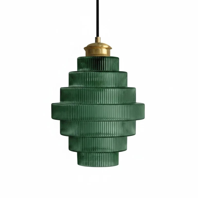 Royelux Elegant Ribbed Glass Pendant Light with Antique Brass Finish - Kitchen Island Lighting