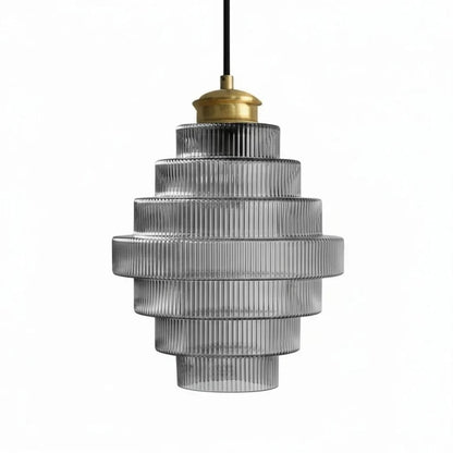 Royelux Elegant Ribbed Glass Pendant Light with Antique Brass Finish - Kitchen Island Lighting