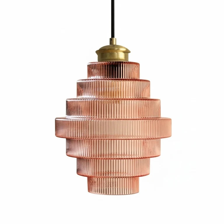 Royelux Elegant Ribbed Glass Pendant Light with Antique Brass Finish - Kitchen Island Lighting