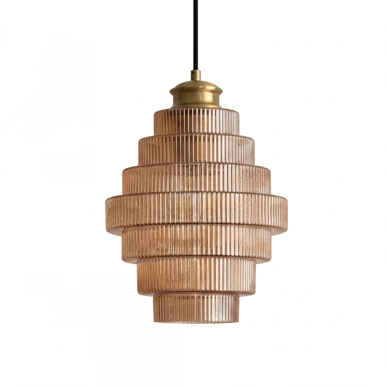 Royelux Elegant Ribbed Glass Pendant Light with Antique Brass Finish - Kitchen Island Lighting