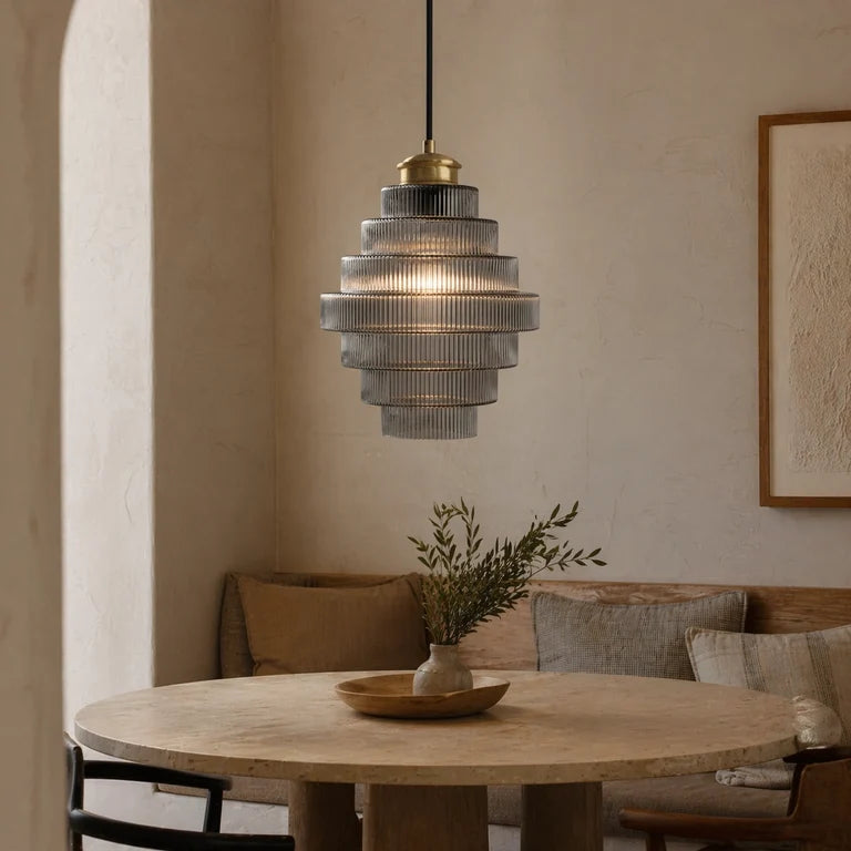 Royelux Elegant Ribbed Glass Pendant Light with Antique Brass Finish - Kitchen Island Lighting