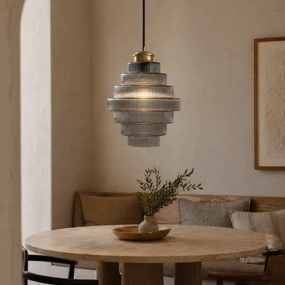 Royelux Elegant Ribbed Glass Pendant Light with Antique Brass Finish - Kitchen Island Lighting