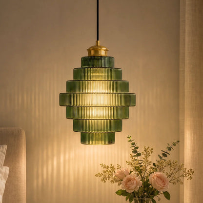 Clarity Antique Brass Striped Stained Glass Bottle Pendant Light 4