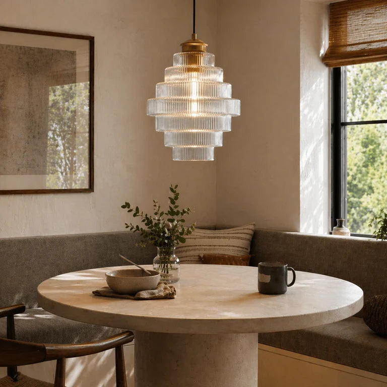 Royelux Elegant Ribbed Glass Pendant Light with Antique Brass Finish - Kitchen Island Lighting