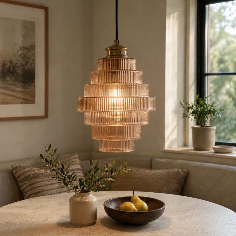 Royelux Elegant Ribbed Glass Pendant Light with Antique Brass Finish - Kitchen Island Lighting