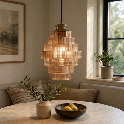 Royelux Elegant Ribbed Glass Pendant Light with Antique Brass Finish - Kitchen Island Lighting