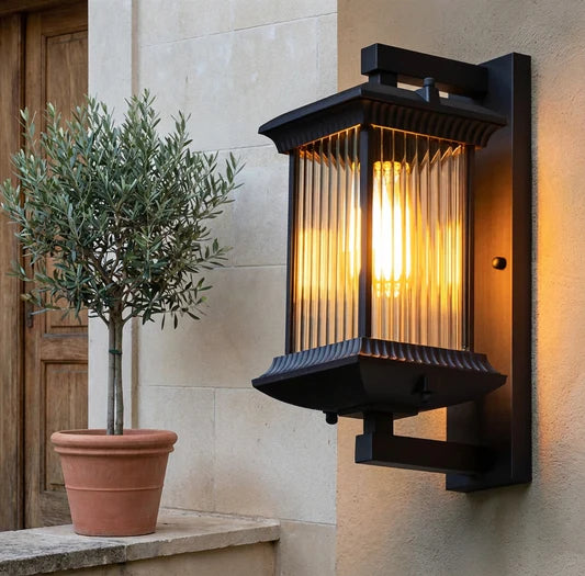 Royelux Outdoor Wall Sconce with Fluted Glass Panels - Weatherproof Exterior Lantern