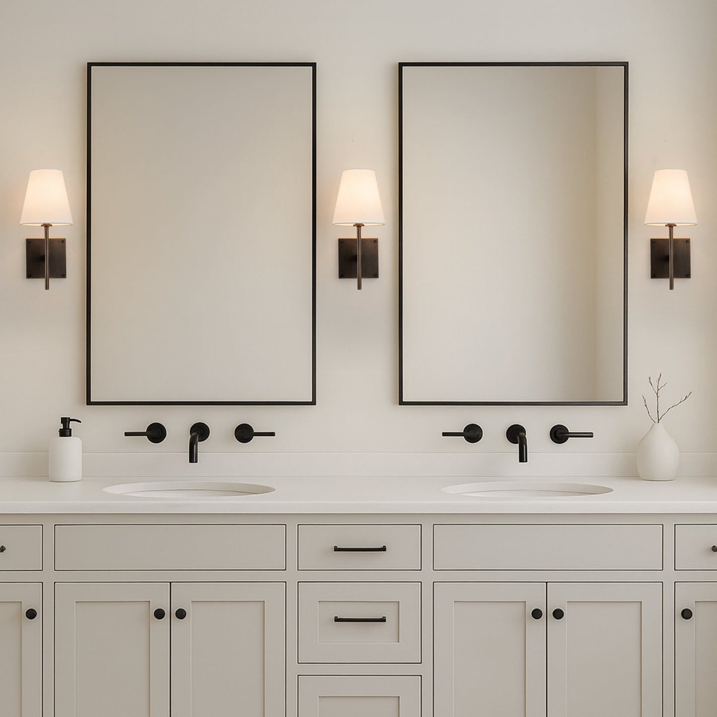 Classic Bronze 13'' Tall 1-Light Fabric Shade Wall Sconces Mondern White Linen Tapered Shade Sconce For Bathroom Mirror Hallway 7