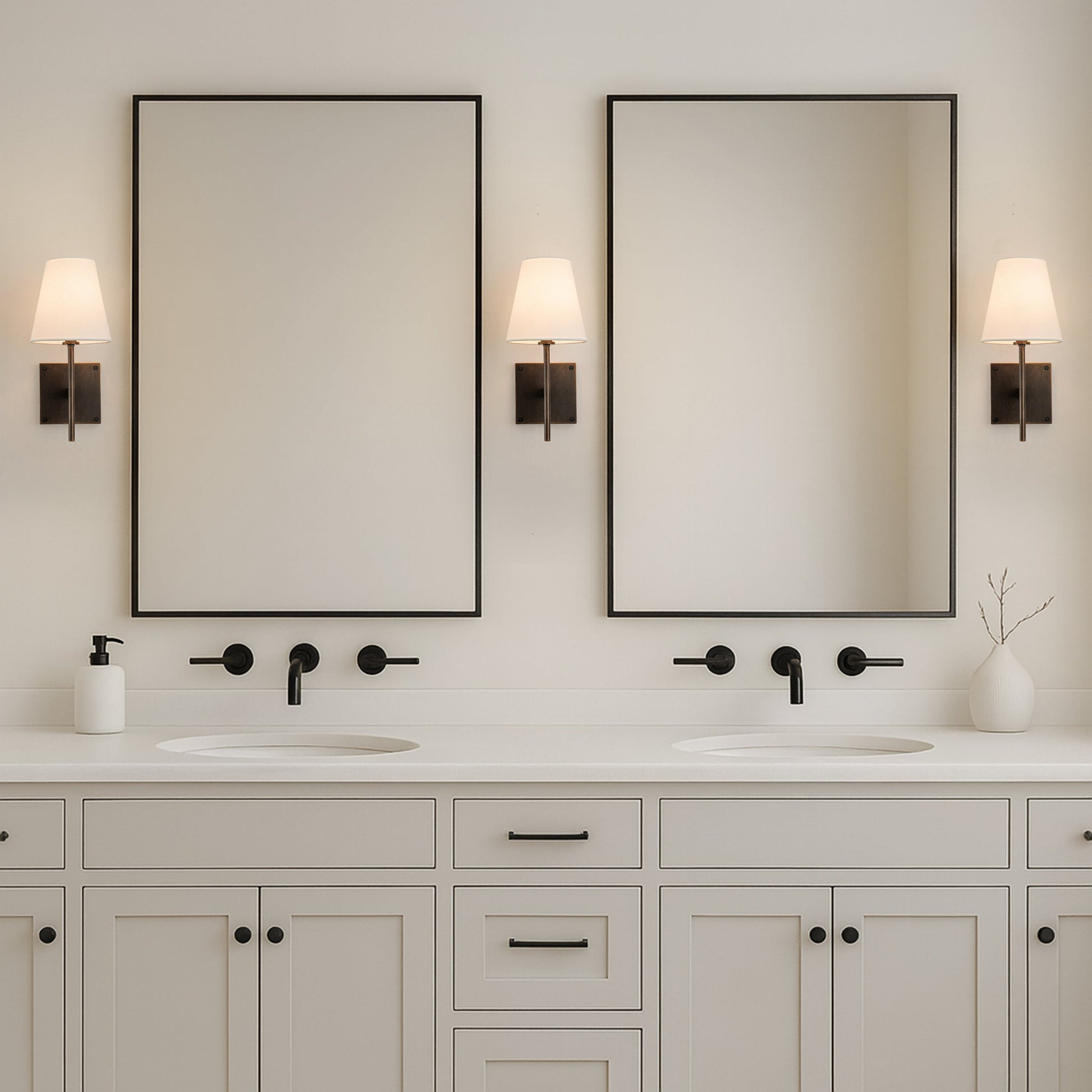 Classic Bronze 13'' Tall 1-Light Fabric Shade Wall Sconces Mondern White Linen Tapered Shade Sconce For Bathroom Mirror Hallway 7