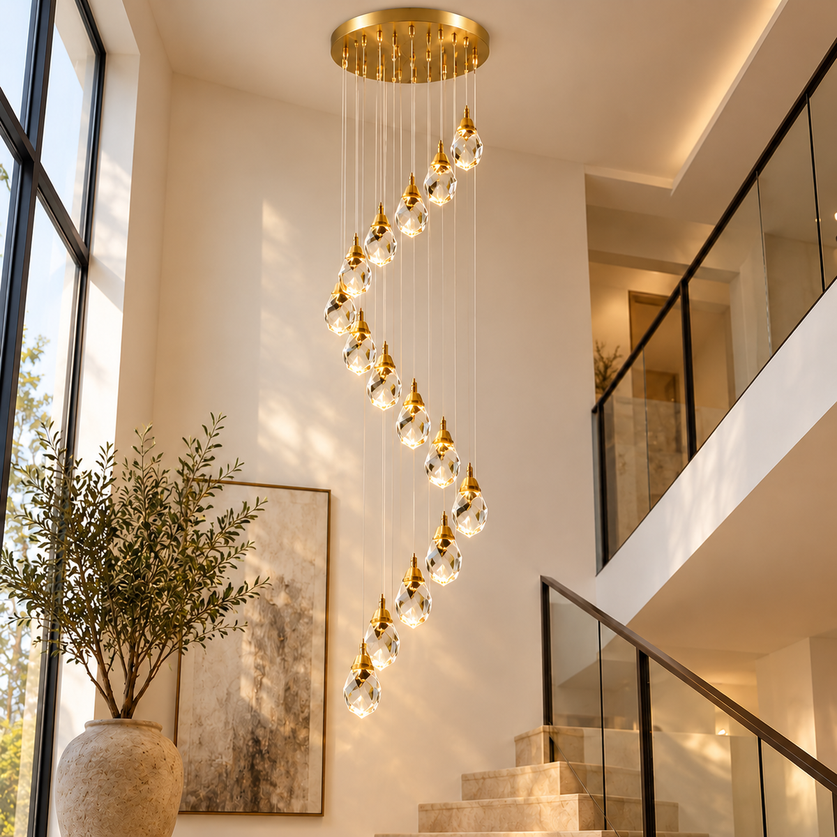 Royelux Gold LED Crystal Chandelier Pendant Ceiling Light, Adjustable Drop