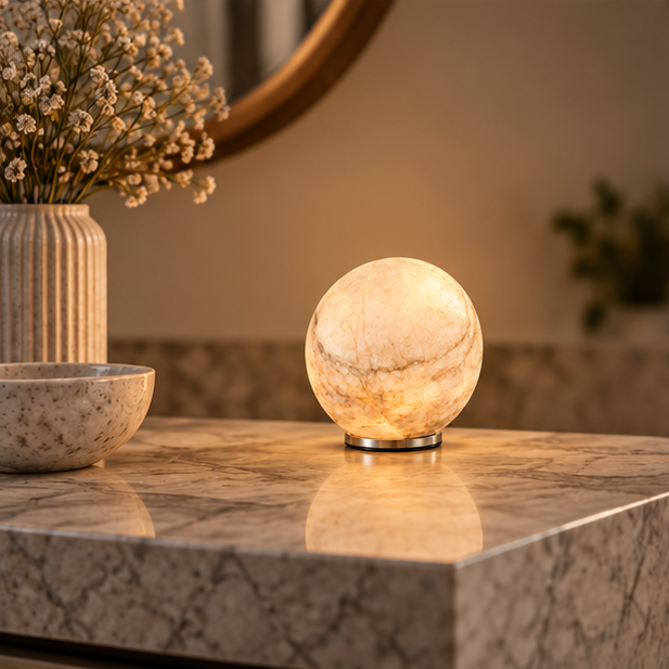 RoyaleGlow Cordless Alabaster Sphere Table Lamp - LED Marble Orb Light