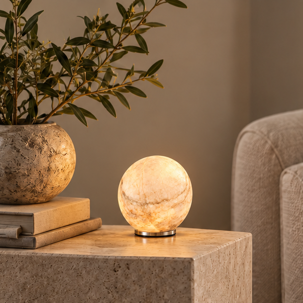 RoyaleGlow Cordless Alabaster Sphere Table Lamp - LED Marble Orb Light