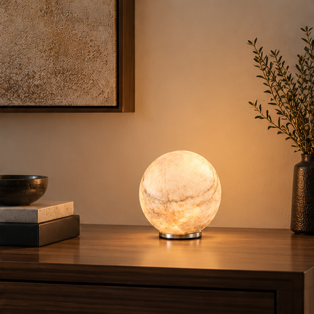 RoyaleGlow Cordless Alabaster Sphere Table Lamp - LED Marble Orb Light
