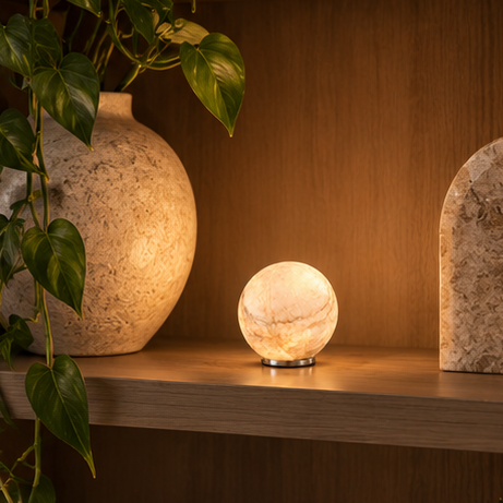 RoyaleGlow Cordless Alabaster Sphere Table Lamp - LED Marble Orb Light