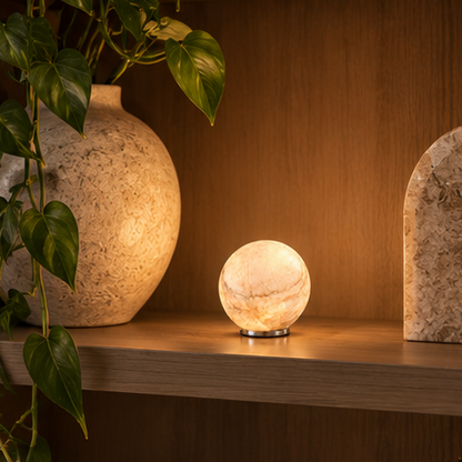 RoyaleGlow Cordless Alabaster Sphere Table Lamp - LED Marble Orb Light