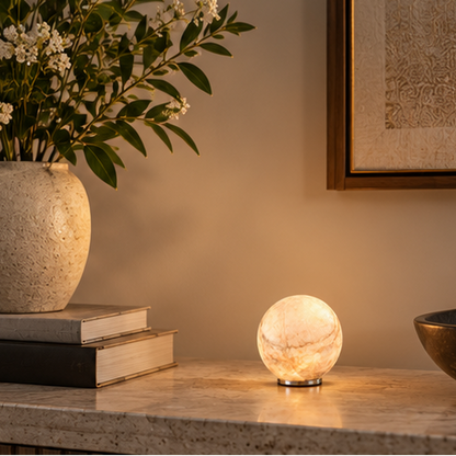 RoyaleGlow Cordless Alabaster Sphere Table Lamp - LED Marble Orb Light