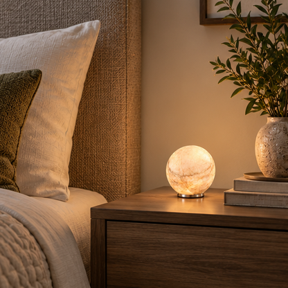 RoyaleGlow Cordless Alabaster Sphere Table Lamp - LED Marble Orb Light