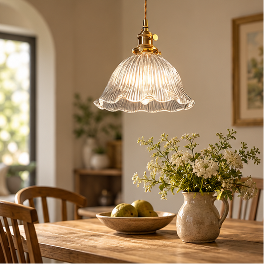 RoyaleGlow Green Ribbed Glass Pendant Light - Vintage Brass Hanging Lamp For Kitchen Island