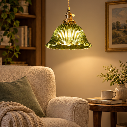 RoyaleGlow Green Ribbed Glass Pendant Light - Vintage Brass Hanging Lamp For Kitchen Island