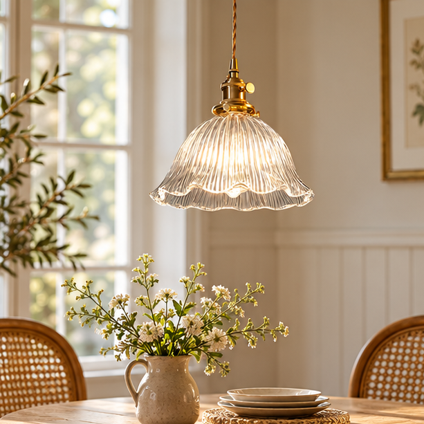RoyaleGlow Green Ribbed Glass Pendant Light - Vintage Brass Hanging Lamp For Kitchen Island