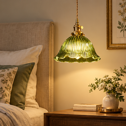 RoyaleGlow Green Ribbed Glass Pendant Light - Vintage Brass Hanging Lamp For Kitchen Island
