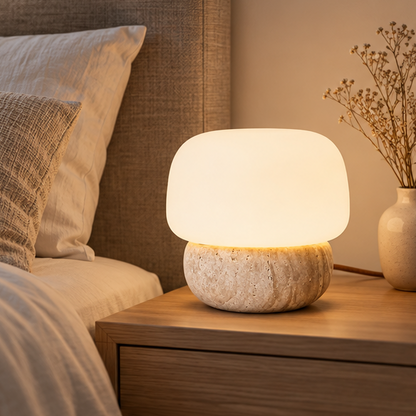 RoyaleGlow Natural Travertine Stone Table Lamp with Glass Shade