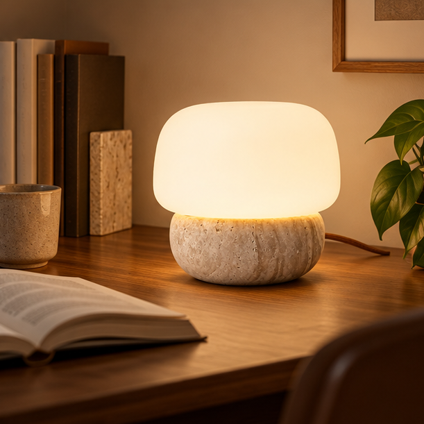 RoyaleGlow Natural Travertine Stone Table Lamp with Glass Shade