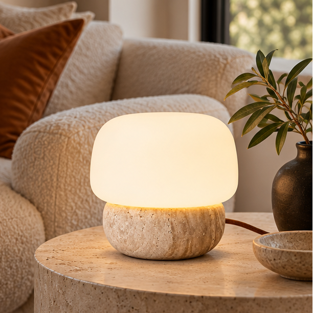 RoyaleGlow Natural Travertine Stone Table Lamp with Glass Shade