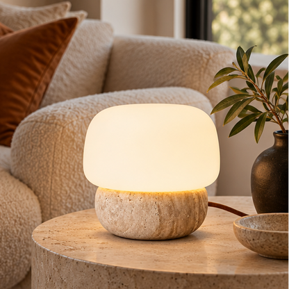 RoyaleGlow Natural Travertine Stone Table Lamp with Glass Shade