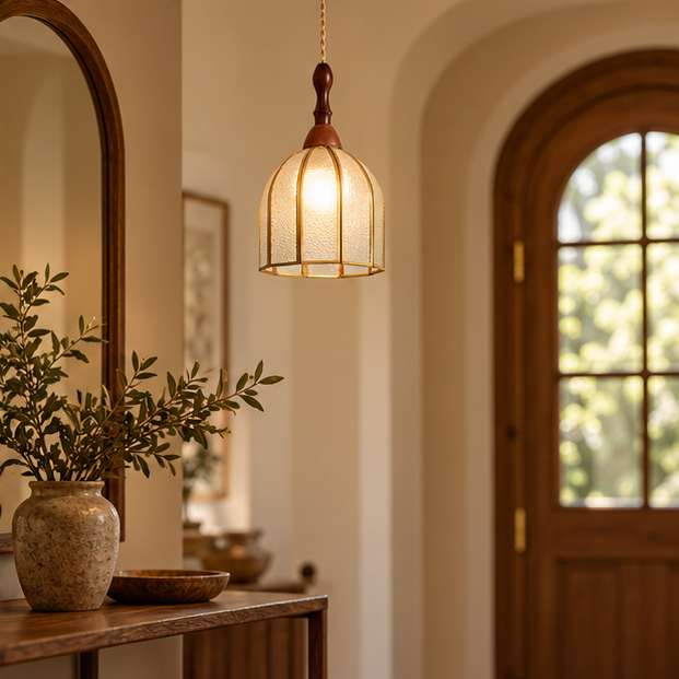 RoyaleGlow Vintage Wood And Textured Glass Pendant Light - Kitchen Island Hanging Lamp