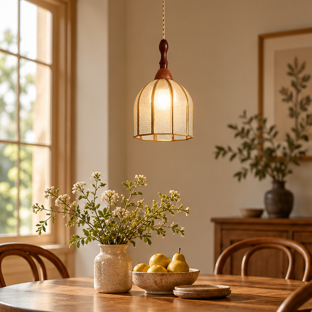 RoyaleGlow Vintage Wood And Textured Glass Pendant Light - Kitchen Island Hanging Lamp