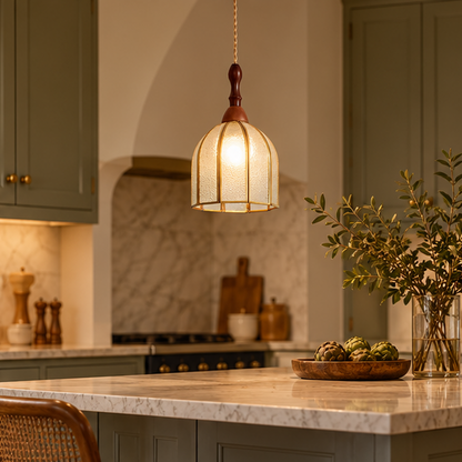 RoyaleGlow Vintage Wood And Textured Glass Pendant Light - Kitchen Island Hanging Lamp