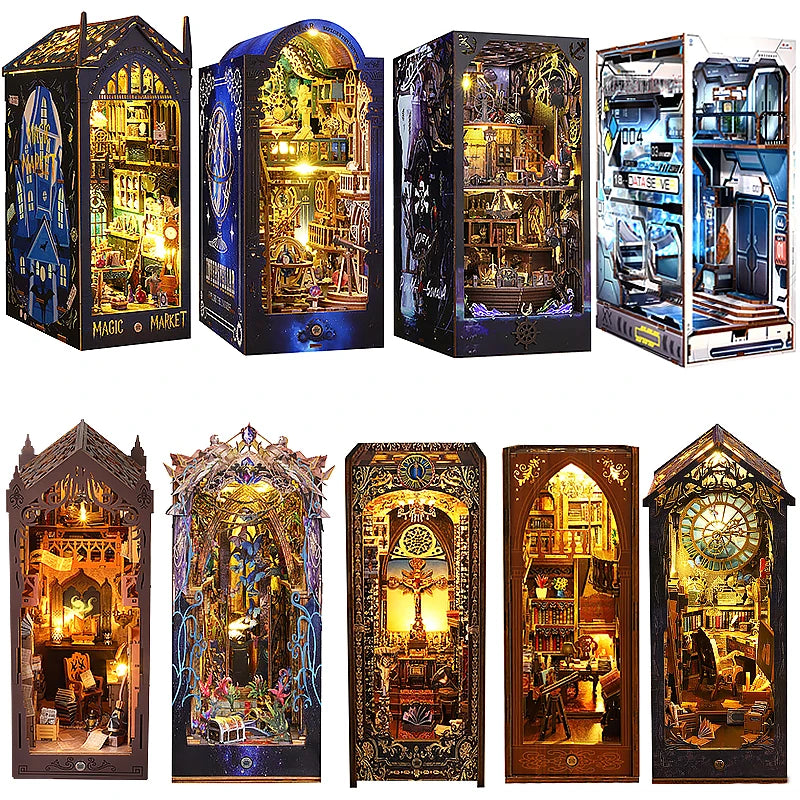DIY Book Nook Shelf Insert Kit 3D Wooden Puzzle Doll House Assembly Building Model Bookends With Furniture LED Light Xmas Gifts 0