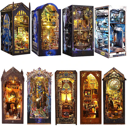 DIY Book Nook Shelf Insert Kit 3D Wooden Puzzle Doll House Assembly Building Model Bookends With Furniture LED Light Xmas Gifts 0