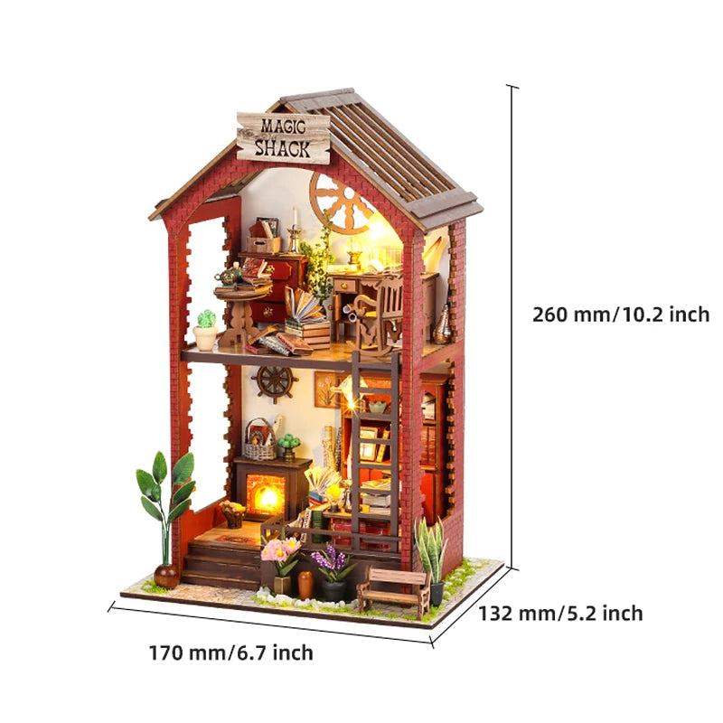 DIY Book Nook Shelf Insert Kit 3D Wooden Puzzle Doll House Assembly Building Model Bookends With Furniture LED Light Xmas Gifts 12
