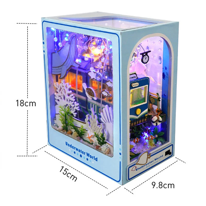 DIY Book Nook Shelf Insert Kit 3D Wooden Puzzle Doll House Assembly Building Model Bookends With Furniture LED Light Xmas Gifts 13