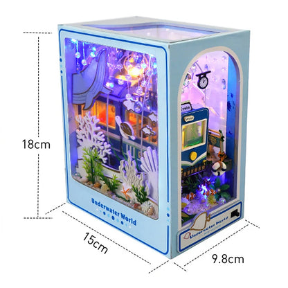 DIY Book Nook Shelf Insert Kit 3D Wooden Puzzle Doll House Assembly Building Model Bookends With Furniture LED Light Xmas Gifts 13