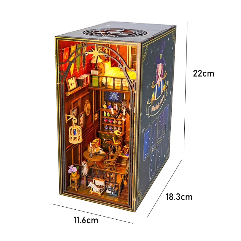 DIY Book Nook Shelf Insert Kit 3D Wooden Puzzle Doll House Assembly Building Model Bookends With Furniture LED Light Xmas Gifts 14